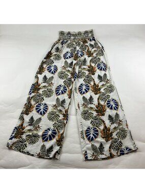 Dahui Hawaii Earth Tone Tropical Print Linen Blend WIde Leg Pant L